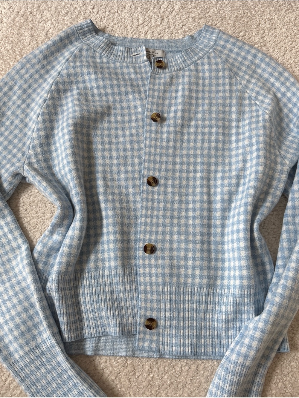 Women's Light Blue Gingham Knit Button-Front Cardigan